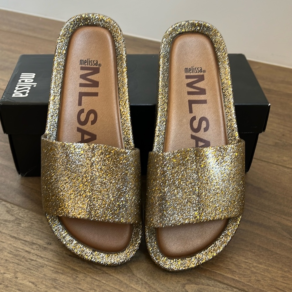 Melissa Beach Slides Gold Glitter 7 NEW w/ Box & Dust bag!